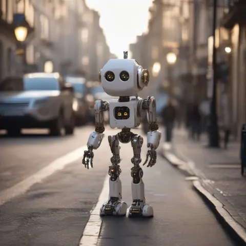 Robot compact au milieu d’une avenue, voitures et réverbères en arrière-plan.