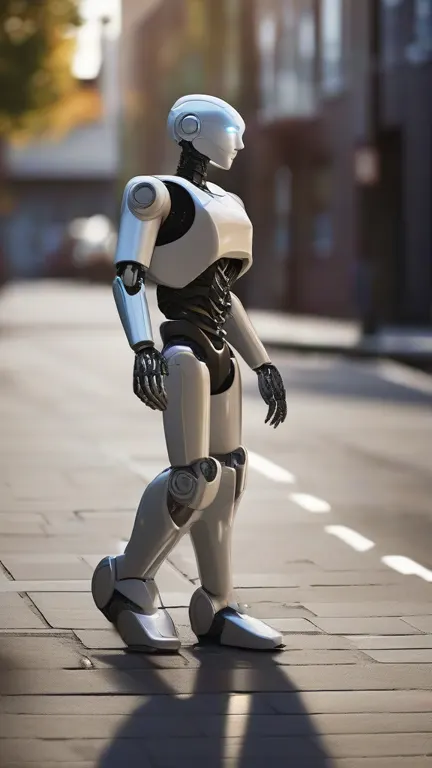 Robot humanoïde blanc marchant sur un trottoir ensoleillé, format vertical.